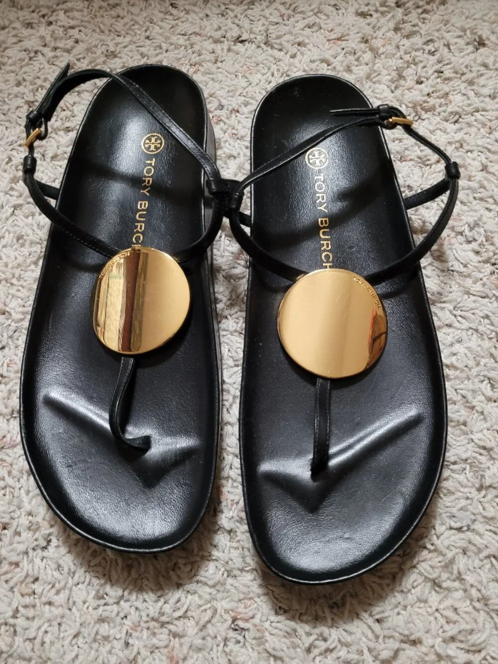 Authentic Tory Burch Patos Gold Medallion Leather Thong Sandal - 9M